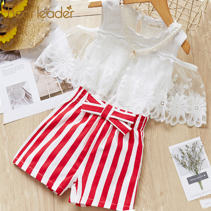 Bear Leader Girls Clothing Sets Girl Clothes Fashionable Trendy Short Sleeve Top + Striped Wide Leg Pants Kids Children Clothing