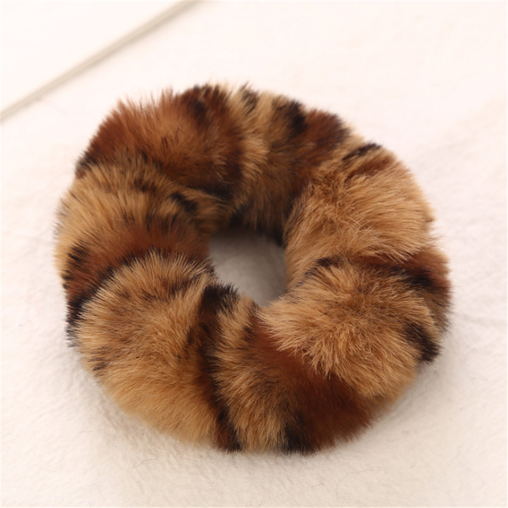 1 Pcs New Fashion Colorful Leopard Print Plush Fur Scrunchies Elastic Hair Bands For Girls Warm Ponytail Holder For Girl Women