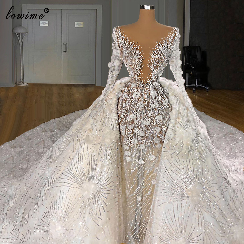 Luxury Two Pieces Wedding Dresses 2020 Long Sleeves Pearls Wedding Gowns Flowers Sequins Brides Dresses Vestidos De Novia