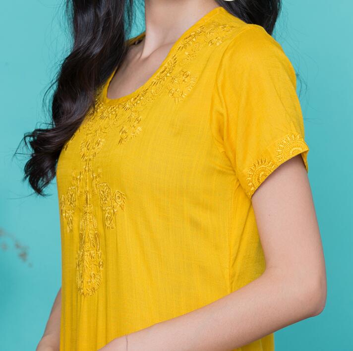 New Woman Fashion Ethnic Styles Sets Cotton India Kurtas Short Sleeves Long Yellow Thin Top Skirt