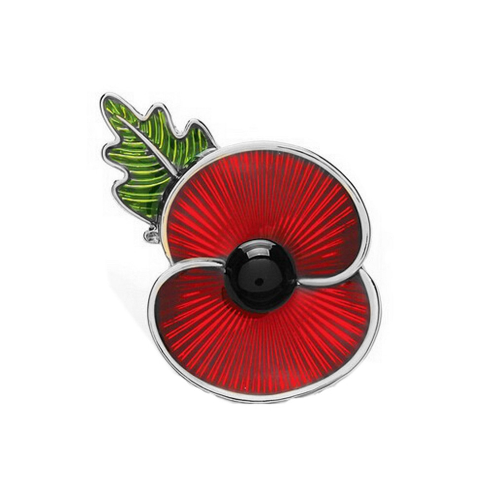 Red Enamel British Poppy Brooch Flower Pin with Leaf Remembrance Souvenir