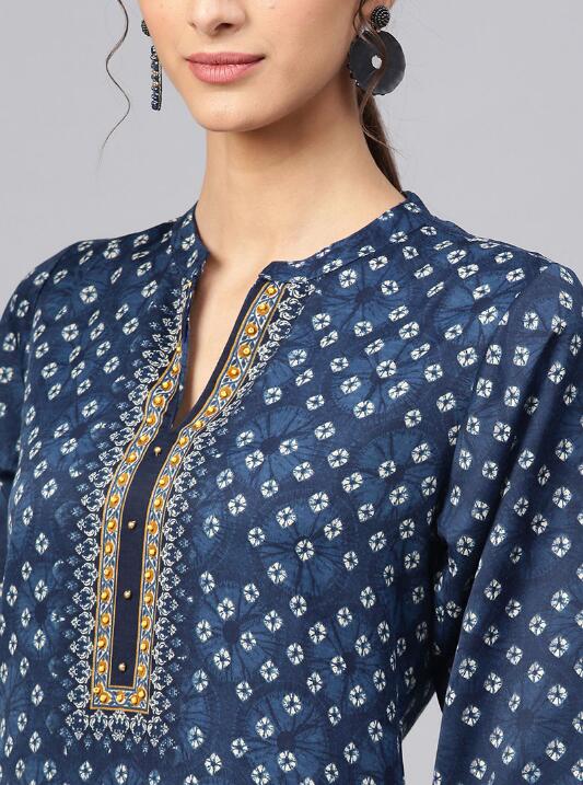 2019 New Style India Fashion Woman Ethnic Styles Printing Cotton Kurtas Travel Dance Clothing Beautiful Blue Lady Long Top