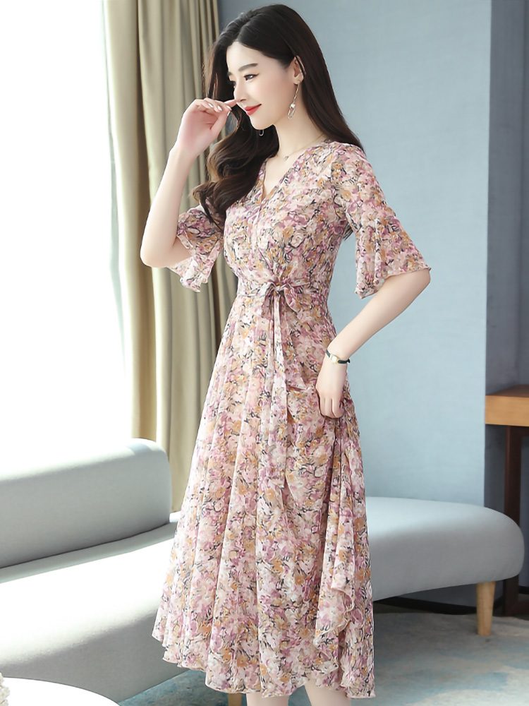 S-3XL Elegant Floral Print Big Swing Half Trumpet Sleeve V-neck Tea-length A-line Chiffon Plus Size Holiday Cocktail Dresses