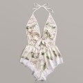 2020 Women Printing Floral Lace Sling Lingerie V-Neck Sleeveless Bodysuit Fashion Design Backless Pajamas Silk Satin Jumpsuit
