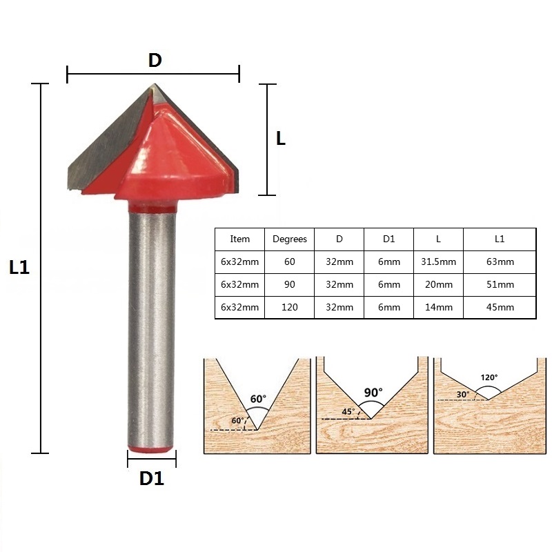 XCAN 1pc 32mm V Shape Milling Cutter 90 Degree Wood Router Bits CNC End Mills 6mm Shank for Woodworking Trimming Engraving Bit