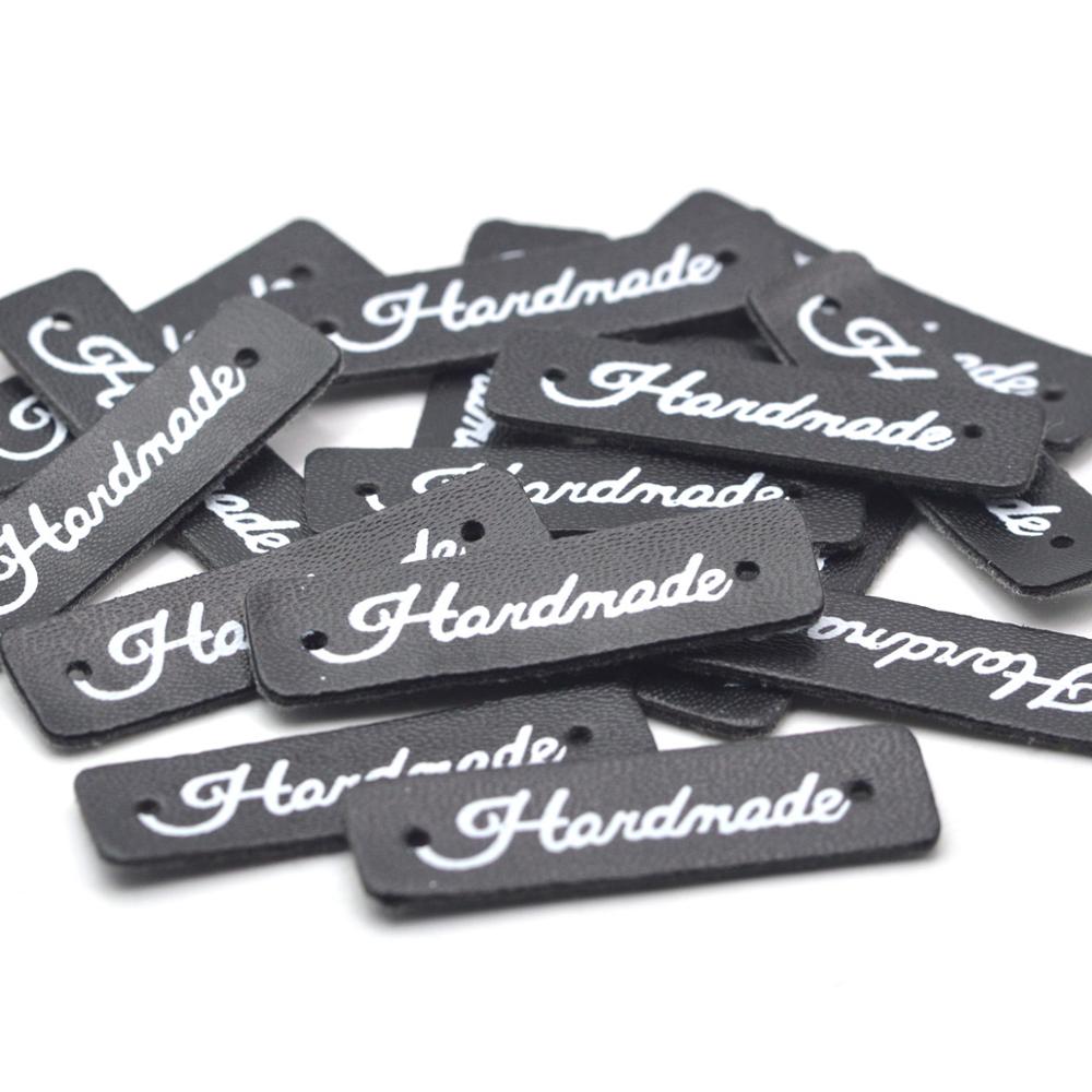 KALASO Wholesale 30pcs Black Handmade Labels Clothes Garment PU Leather Labels Hand Made Tags Jeans Bags Shoes Sewing Supplies