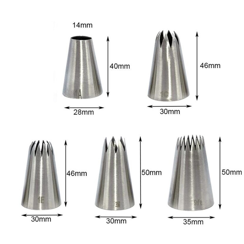 5pcs/set Large Metal Cake Cream Decoration Tips Set Pastry Tools Stainless Steel Icing Piping Nozzle Cupcake Head Tubes