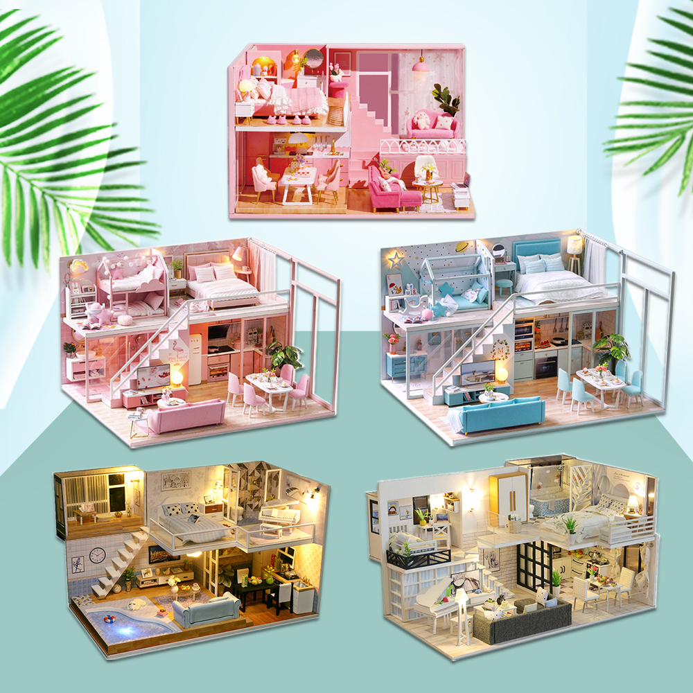 DIY Miniature DollHouse Model Doll House Furniture LED Light 3D Wooden Mini Dollhouse Handmade Gift Toys For Children L023 #E