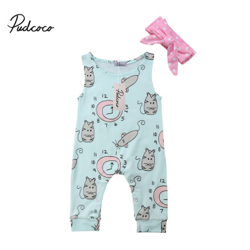 2018 Brand New Newborn Toddler Infant Baby Girl Clothes Flower Jumpsuit Romper +Headband 2Pcs Outfit Clock Mouse Printed Sunsuit