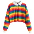 Women's Sweatshirt Color Stripe Button Long Sleeve Pullover Hoodies Sweatshirt Tops Blouse Female Tops Women Hoodies #A9