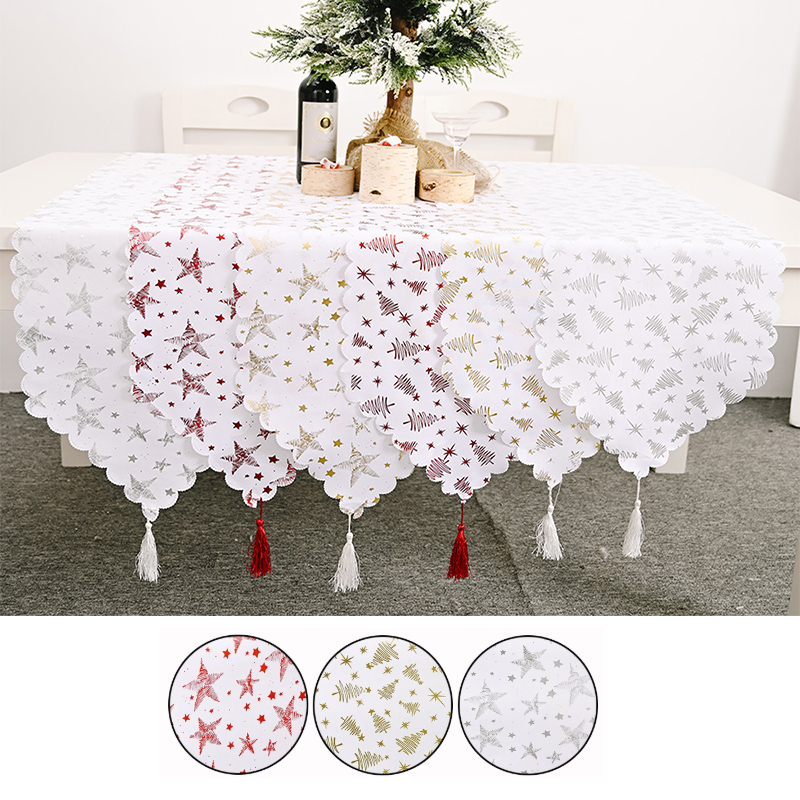 Tassel Tablecloth Merry ChristmasTree Star Prints Table Runner Xmas Home Decor Table Cloth Runner Ornament 2021 New Year's Gift