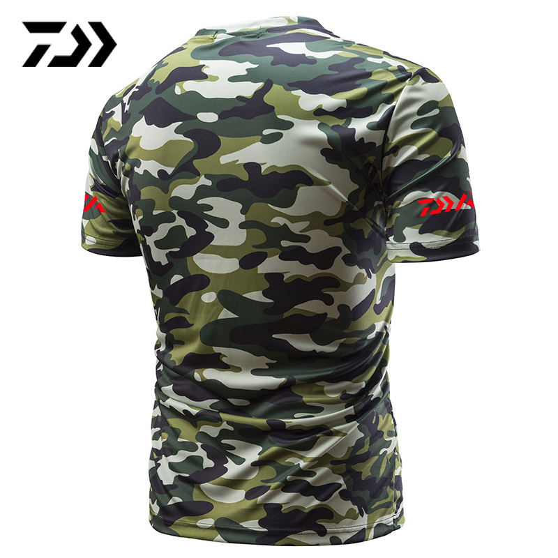 Daiwa Fishing Tshirt Summer Anti-sweat V Neck Camouflage Green Fishing T-shirt Sports Wear Breathable Quick Dry Fishing Clothing