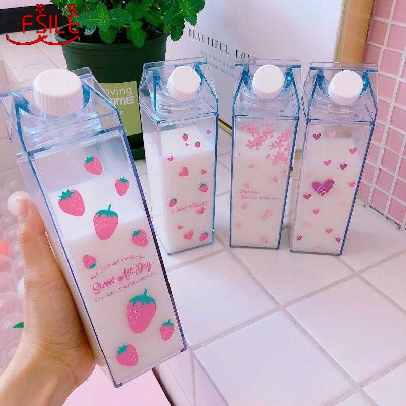 Creative Cute Plastic Clear Milk Carton Water Bottle Fashion Strawberry Transparent Milk Box Juice Water Cup BPA Free