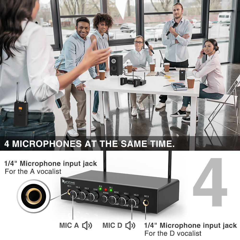Wireless Microphone System, Fifine UHF Dual Channel Wireless Microphone Set with 2 Headsets & 2 Lapel Lavalier Microphone. K038