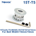 POWGE Trapezoid 15 Teeth T5 Timing Synchronous pulley Bore 5/6/6.35/7/8/10/12/14mm for belt width 10/15mm Gear Wheel 15T 15teeth