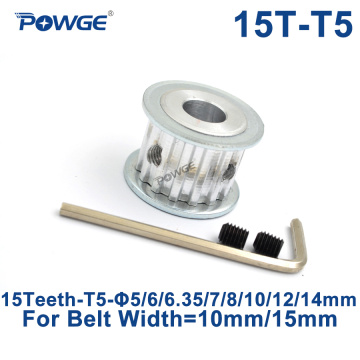 POWGE Trapezoid 15 Teeth T5 Timing Synchronous pulley Bore 5/6/6.35/7/8/10/12/14mm for belt width 10/15mm Gear Wheel 15T 15teeth