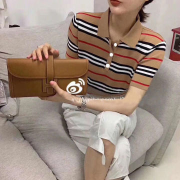 New British style striped polo shirt Elastic ice silk short sleeve women's loose large size bottoming shirt lapel women's summer