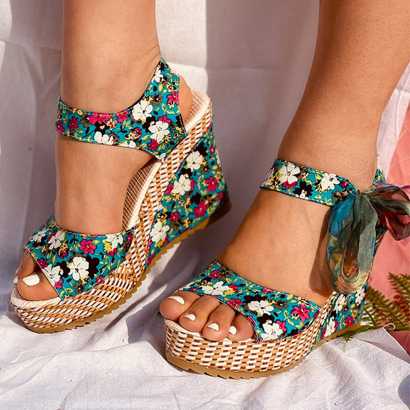 Women Wedge Sandals Female Open Toe Floral Bowknot Platform Bohemia High Heel Sandals Fashion Ankle Strap Ladies Shoes Summer