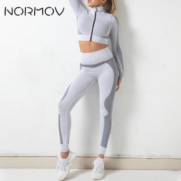 NORMOV Seamless Women Yoga Set Long Sleeve Crop Top High Waist Gym Leggings Sport Clothes Sport Suit Gym Suit Fitness Sets Sport