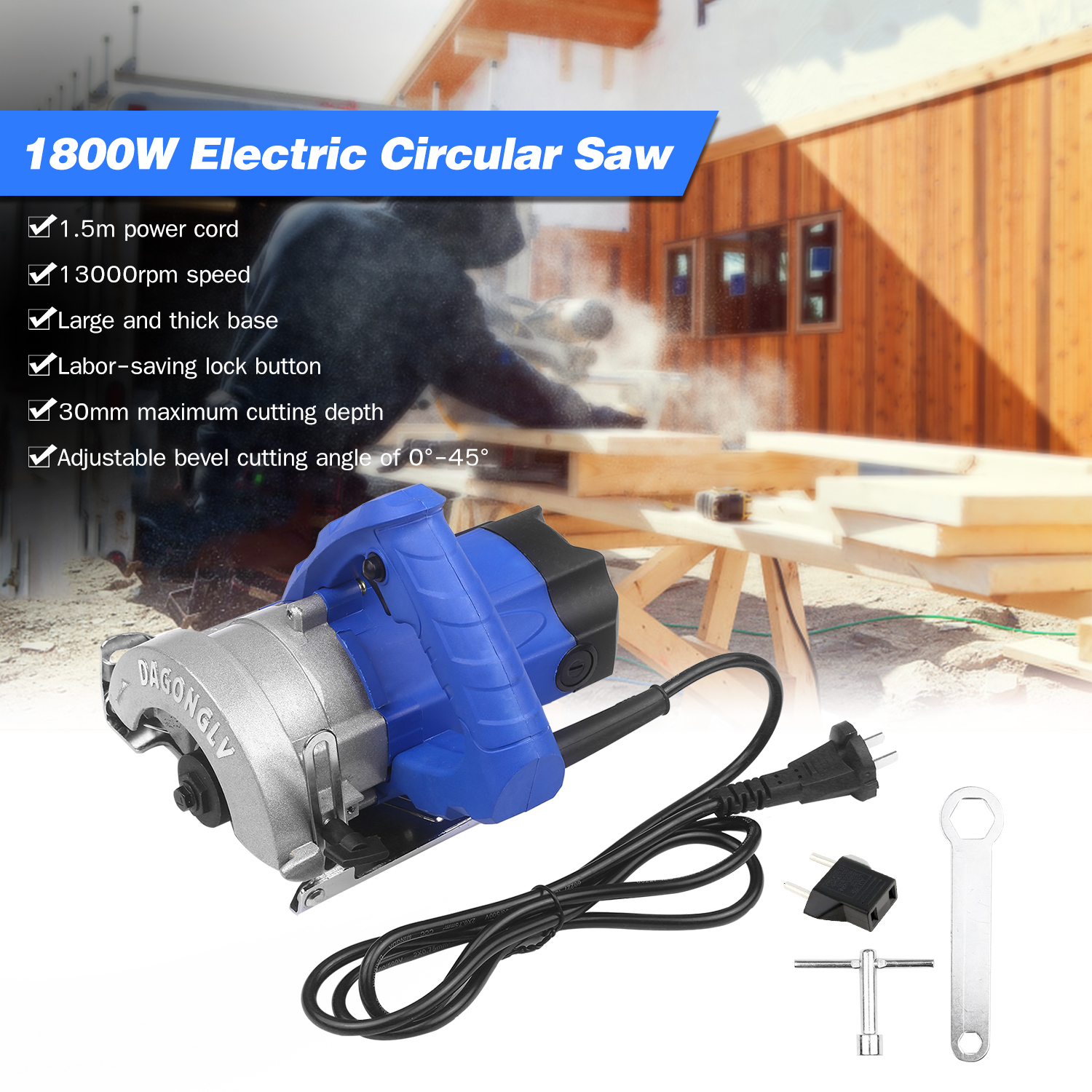 1800W Electric Circular Saw Cutter Machine Max Cutting Depth 30mm 13000RPM for Ceramic Stone Tile Wood Bamboo Cutting