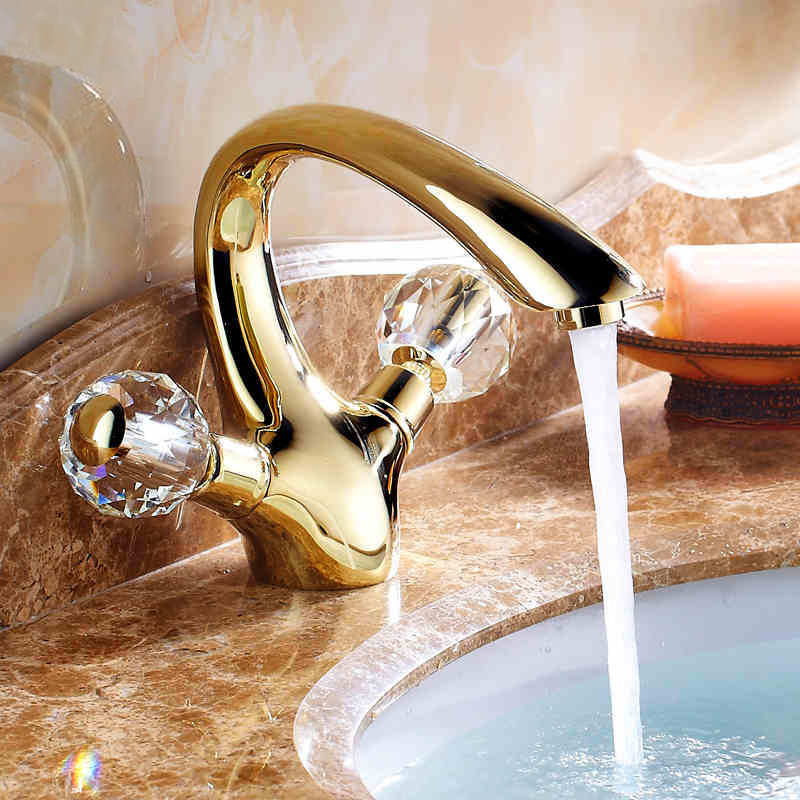 Basin Faucets Gold Brass Crystal Handle Bathroom Faucet Tap Toilet Mixer Water Tap Deck Mounted Basin Sink Crane Taps HJ-6651K