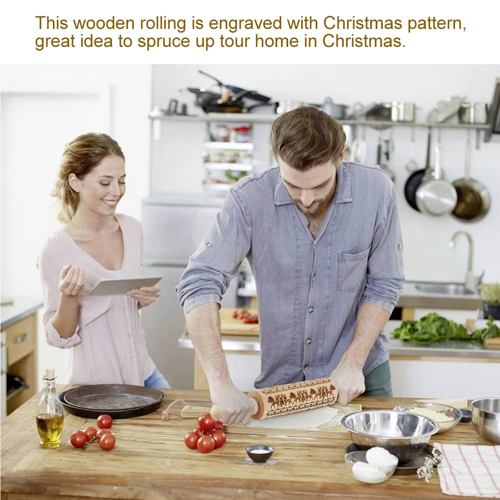 35/43cm Christmas Embossing Rolling Pin Wood Elk Engraved Gingerbread Cookies Biscuit Fondant Cake Roller Baking Pastry Tools