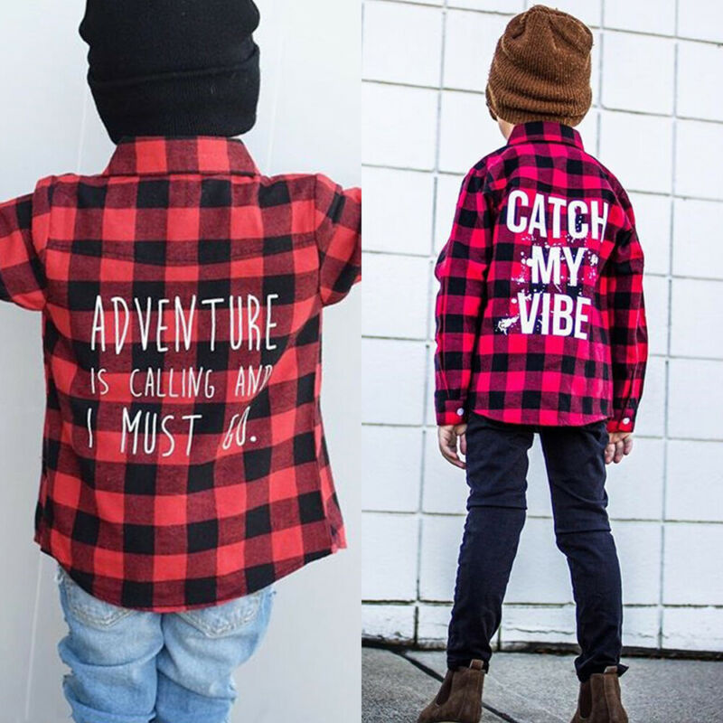 1-6Y toddler kid baby boy girl shirt red plaid letter print long sleeves Blouse autumn fashion outdoor children clothes top