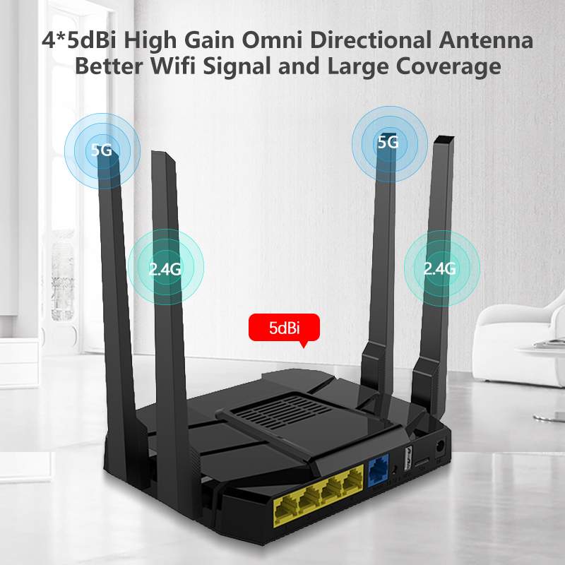 1200Mbps High power Gigabit dual frequency 5.8G wireless router supports 4 RJ45 network ports of APN / VPN USB3.0 Ports English