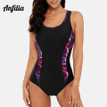 Anfilia Women One Piece Sports Swimsuit Sports Swimwear Color Block Print Monokini Beach Bathing Suit Fitness Bodysuit