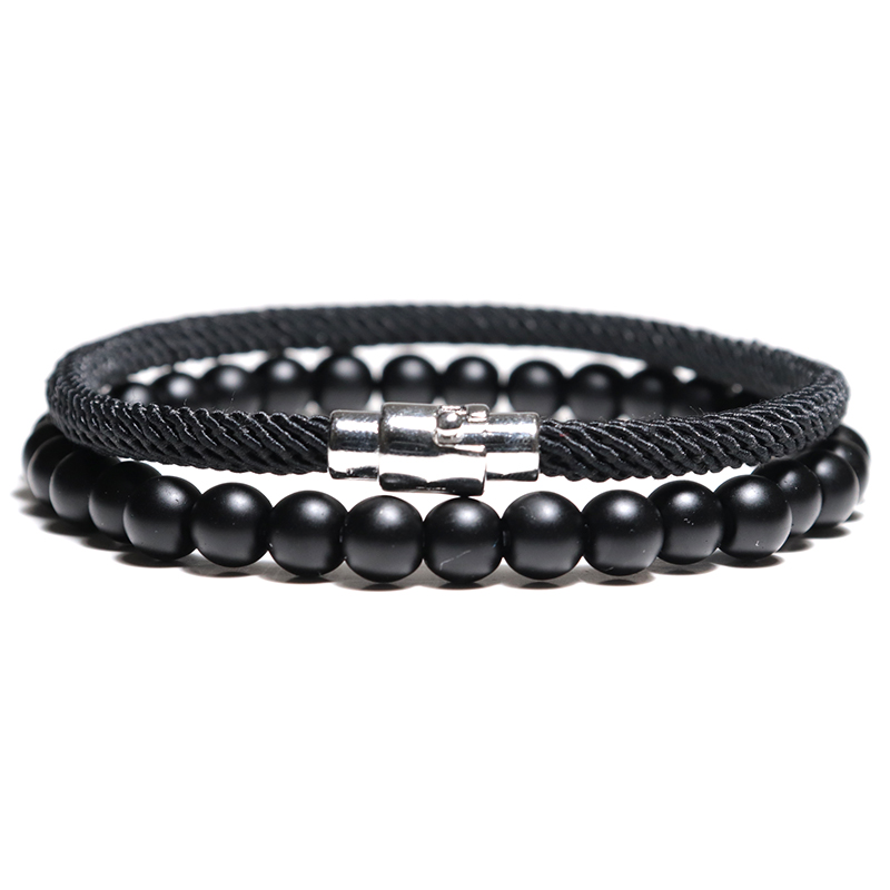 Unique 2pcs/set Bracelet Men Natural Lava Onyx Stone Bracelet Homme Umbrella Rope Magnet Braslet Accessories Matching Braclet