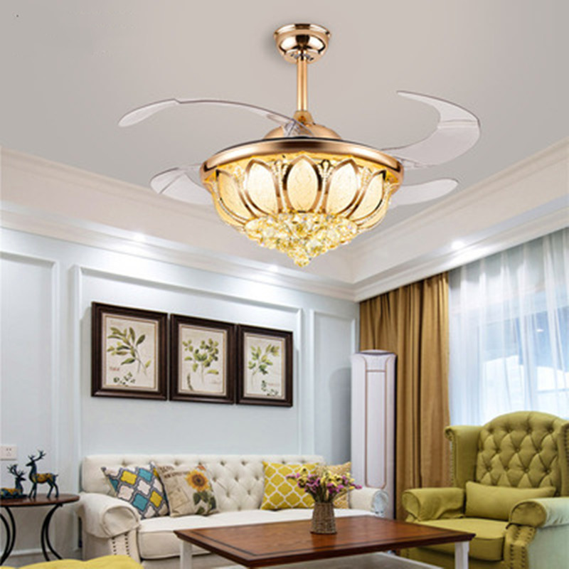 IKVVT European-style Fan Ceiling Light Luxury LED Crystal Invisible Fan Light for Living Dining Bedroom with Remote Control