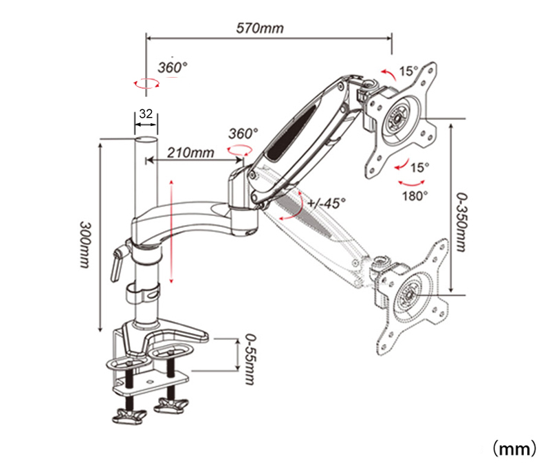 DL-GST112 Desktop17-27" grommet clamp base LCD LED Monitor Holder Arm Gas Spring Full Motion TV Mount Loading 5-15KGKgs