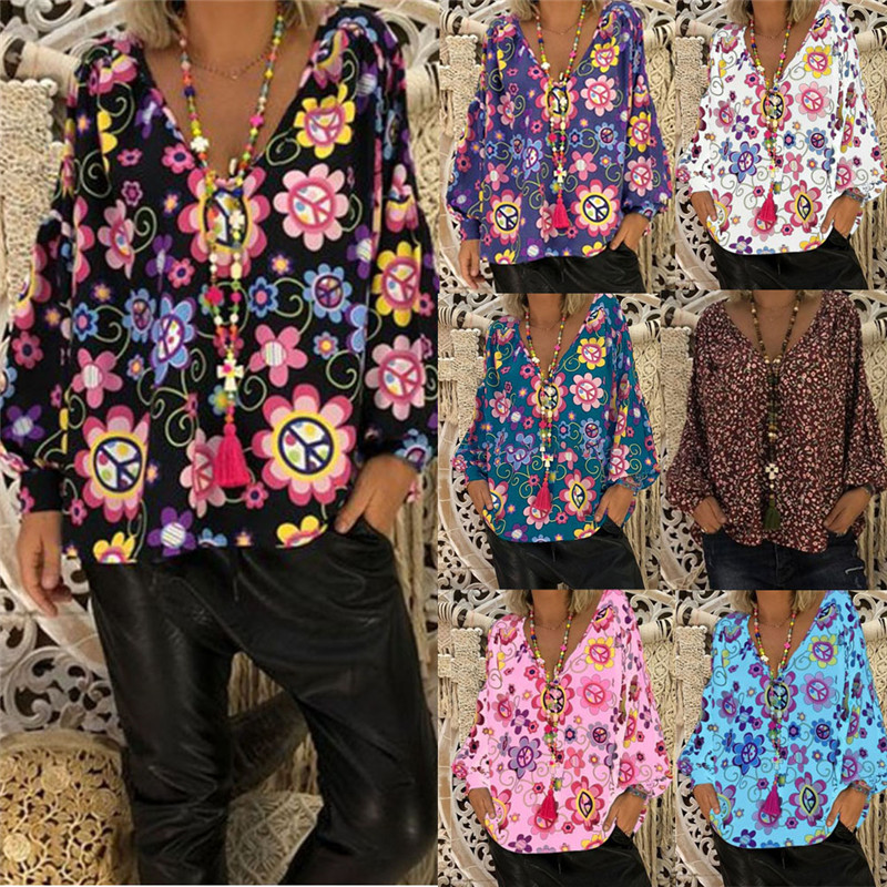Casual Summer Womens Ladies Floral Blouse Long Puff Sleeve V-Neck Shirts Women Clothes Flowers Pullover Tops Plus Size M-XXL