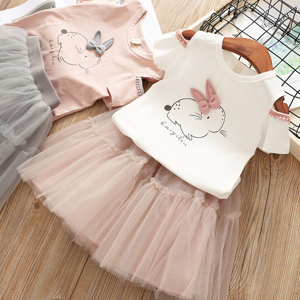 2019 New children Baby Girls clothes Sets Kids Baby Girl Cartoon rabbit Bunny shirt Tops Princess dress Tulle Dress Clothes Set