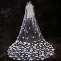 One-Layer Women Tulle Ultra-Long Trailing Wedding Veil Romantic Irregular Five Petals Flowers Appliques Cathedral Bridal Veil