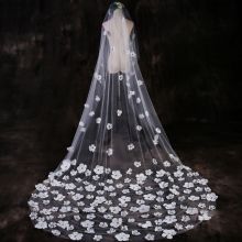 One-Layer Women Tulle Ultra-Long Trailing Wedding Veil Romantic Irregular Five Petals Flowers Appliques Cathedral Bridal Veil