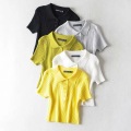 Harajuku Girls Knitted Polo Collar T Shirts Women Summer Knit Crop Tops Casual Fashion Solid Basic Tshirt Cropped Button Shirt