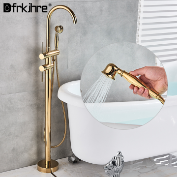 Brushed Golden Floor-Standing Bathtub Bathtub Faucet With Hand Shower Mixer Tap Rotation Handshower Bath Mixer Copper Shower Set