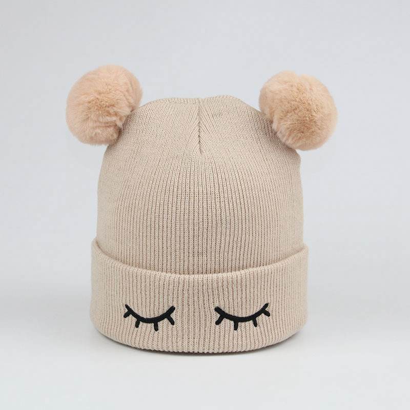 Cute Eyes Baby Hat With Double Pompom Winter Warm Baby Girl Boy Hats Cap Beanie Solid Crochet Knit Kids Hat Children Cap Bonnet