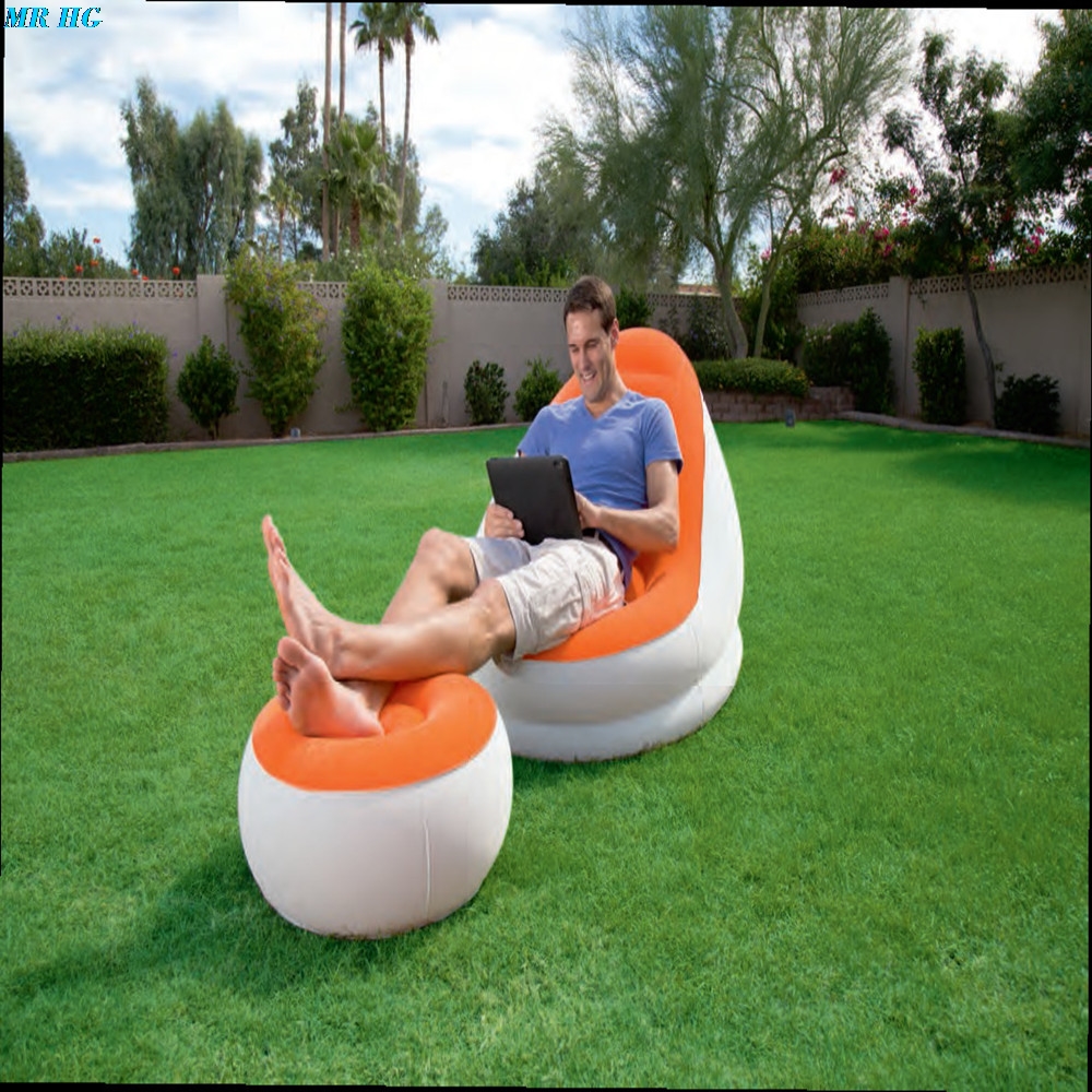 Inflatable Sofa Flocked PVC Lounge Air Chair With Foot Rest Indoor Outdoor Living Room Ottoma Stool Garden Lounger