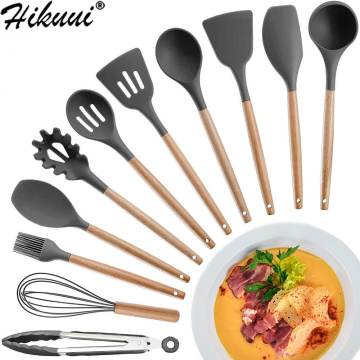 Kitchen Utensils Set Silicone Cookware Eco-friendly Wood Handle Kitchen Cooking Tool Black Spatula Turner Ladle Kitchenware