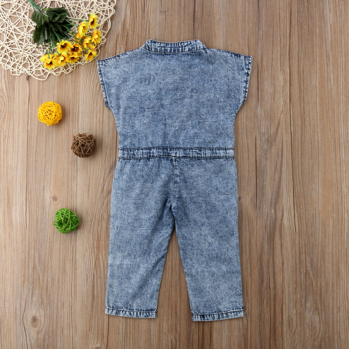 Newly Summer Toddler Baby Girls Fashion Casual Jumpsuits Denim Blue Short Sleeve Single Breasted Elastic Waist Belt Romper 1-6Y