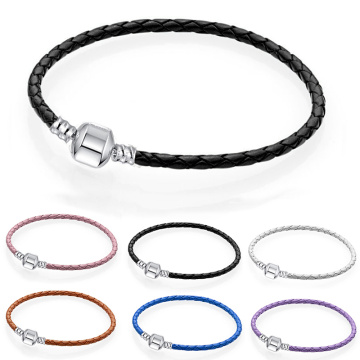 TOGORY 16-21cm Genuine leather Ball & Barrel Clasp Charm Bracelets Bangle Fit Europe Beads Snake Fine Bracelets Jewely