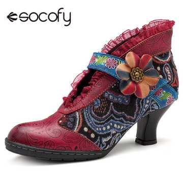 Socofy Lace Brim Bohemian Pumps Women Shoes Woman Retro Genuine Leather Hook&Loop Flower High Heels Pumps 5cm Ladies Shoes New