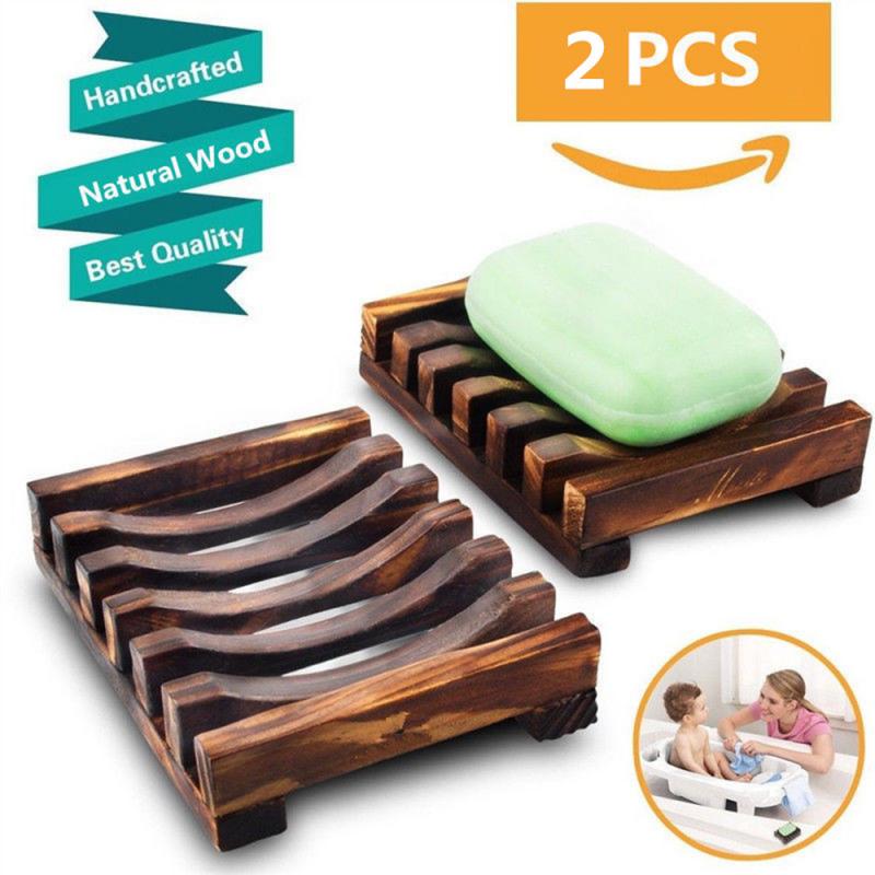 2pcs Bamboo Soap Dish Portable Storage Holder Woode Creative Wooden Natural Soap box Bamboo Tray Holder Bathroom Kitchen Holder