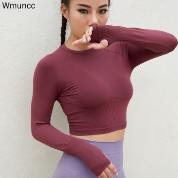Wmuncc Seamless Yoga Shirt Women Long Sleeves with Thumb Hole Fitness Sports Top Stretch Workout Gym Running Wear Navel-baring