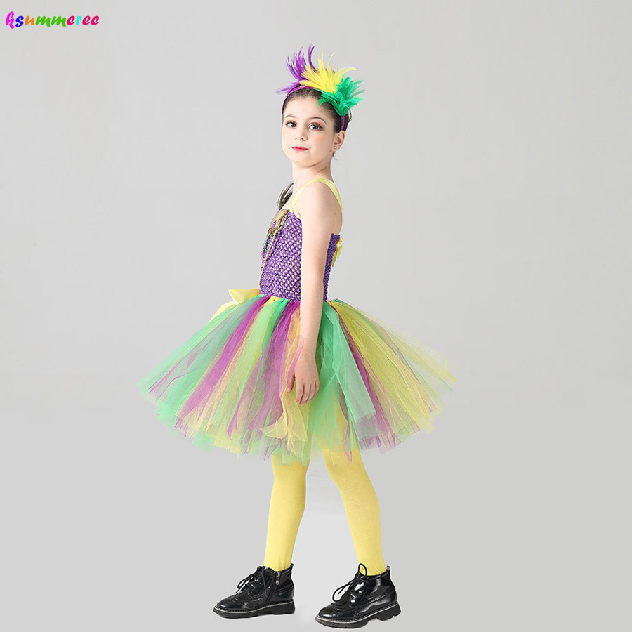 Beaded Girls Mardi Gras Outfit Peacock Feather Tutu Dress with Headband Kids Mardi Gras Carnival Halloween Dress Up Fancy Dress