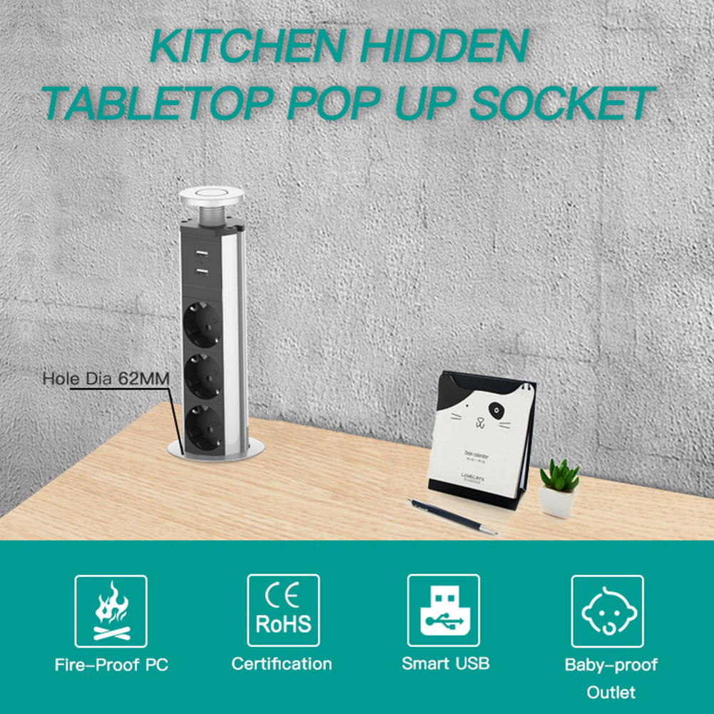 Desktop Socket Recessed Retractable Baby Proof Aluminum Alloy Charging Station 2 USB Port Office Power Outlet 3 AC Plugs