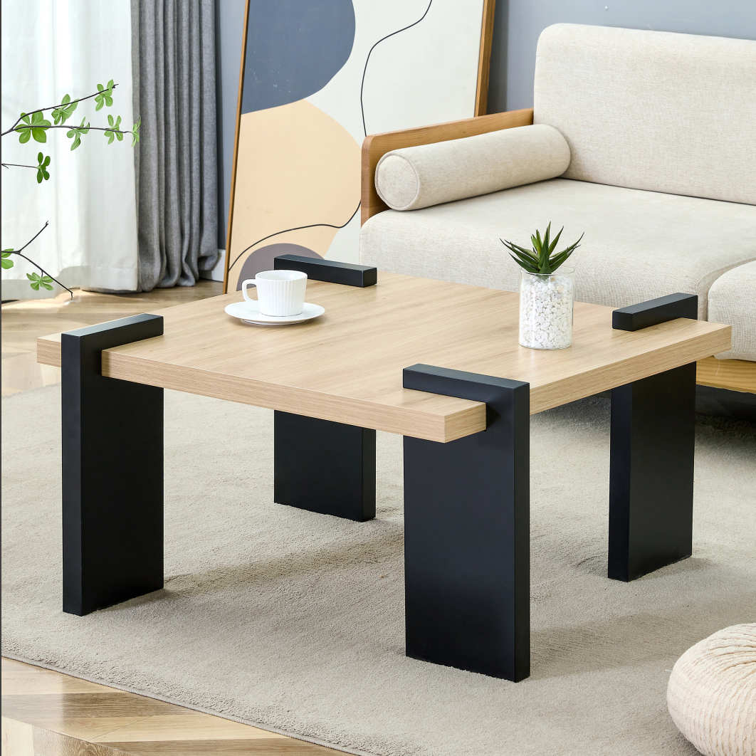 Black and wood panel side table