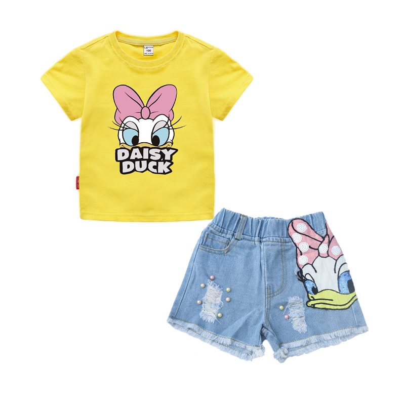 Girls Outfits Clothes Sets Children Cartoon Duck Summer T Shirt Sequins Broken Hole Denim Shorts Suit Baby Girls Clothing Set